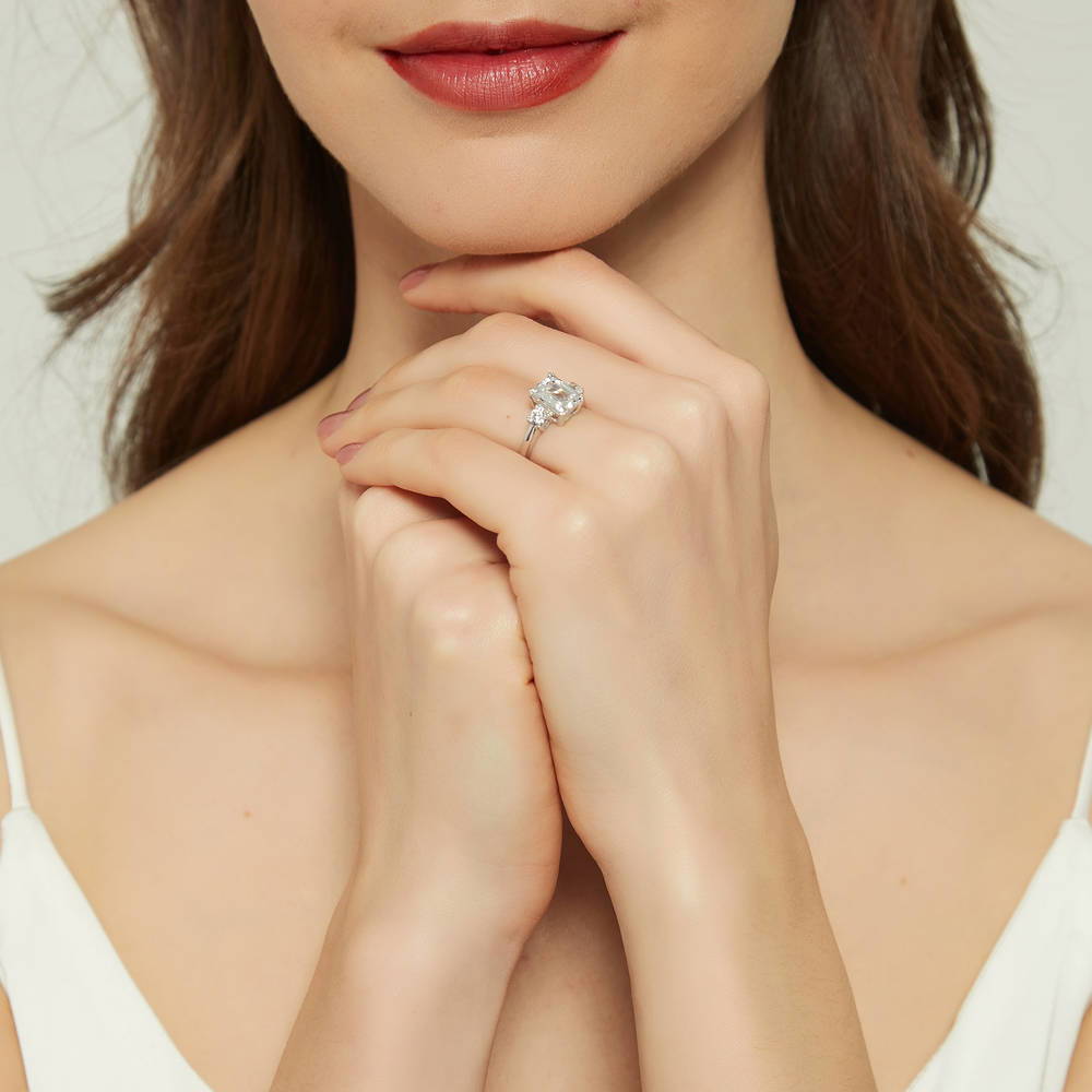 Model wearing 3-Stone 7-Stone Emerald Cut CZ Ring Set in Sterling Silver, 13 of 18