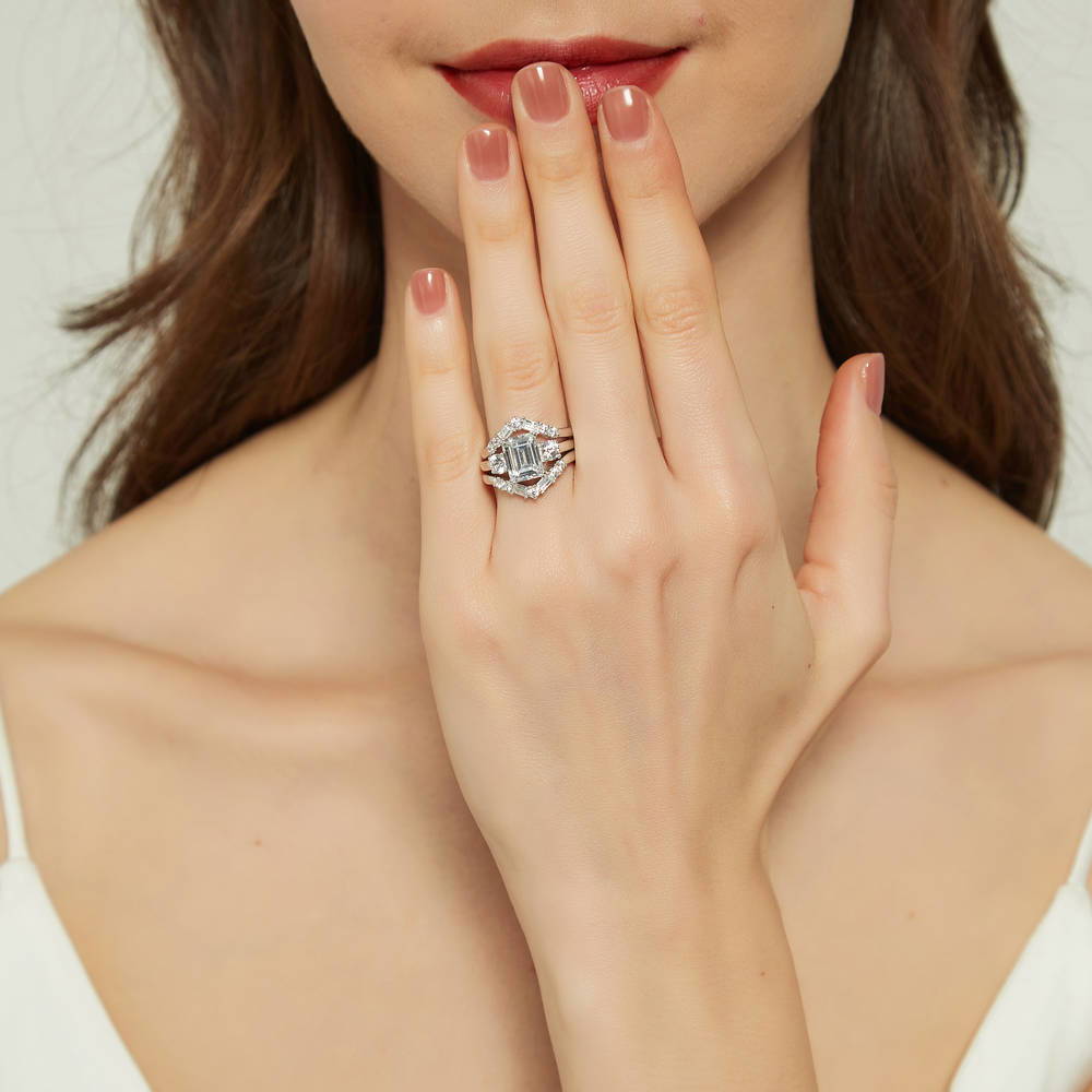 Model wearing 3-Stone 7-Stone Emerald Cut CZ Ring Set in Sterling Silver, 2 of 18