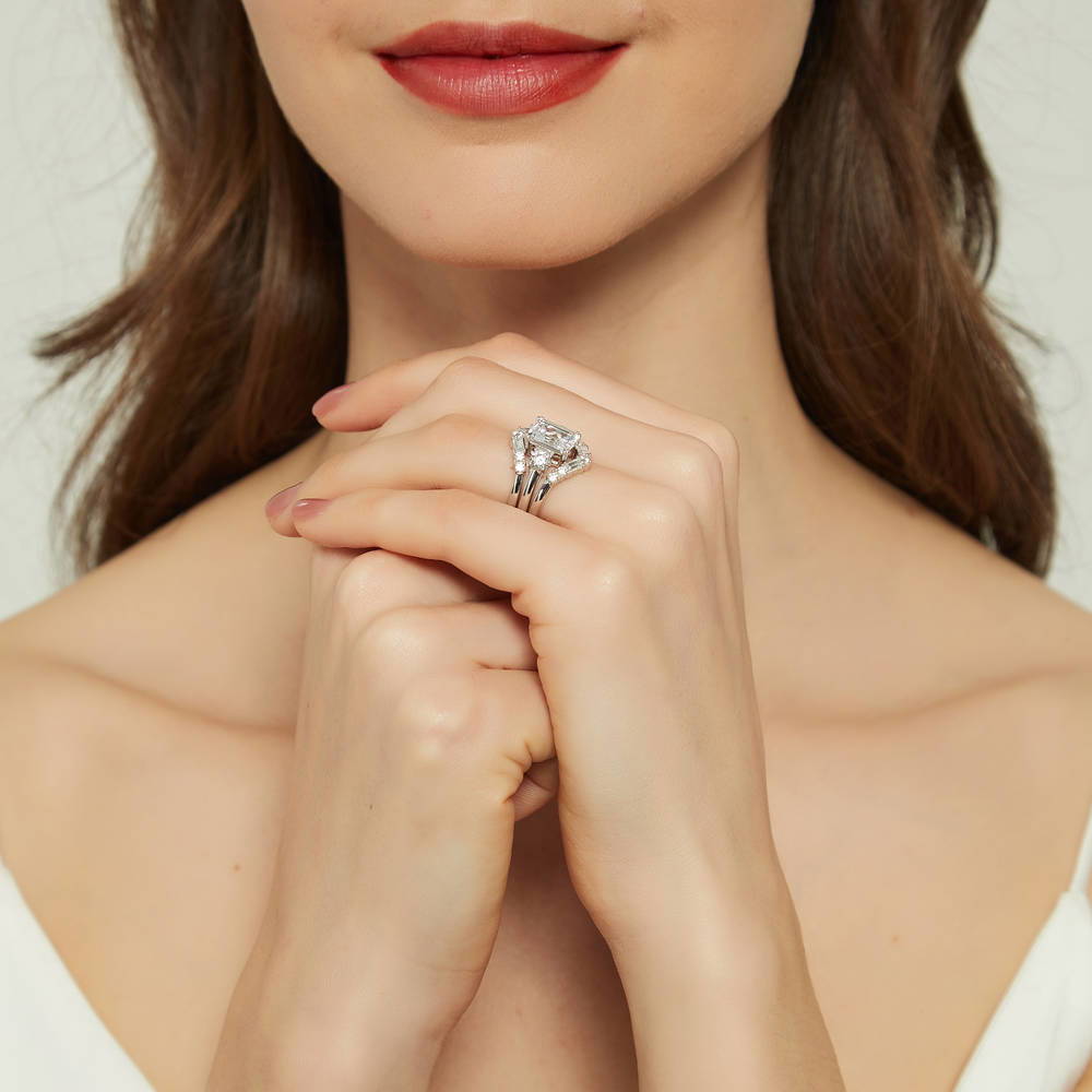Model wearing 3-Stone 7-Stone Emerald Cut CZ Ring Set in Sterling Silver, 7 of 18