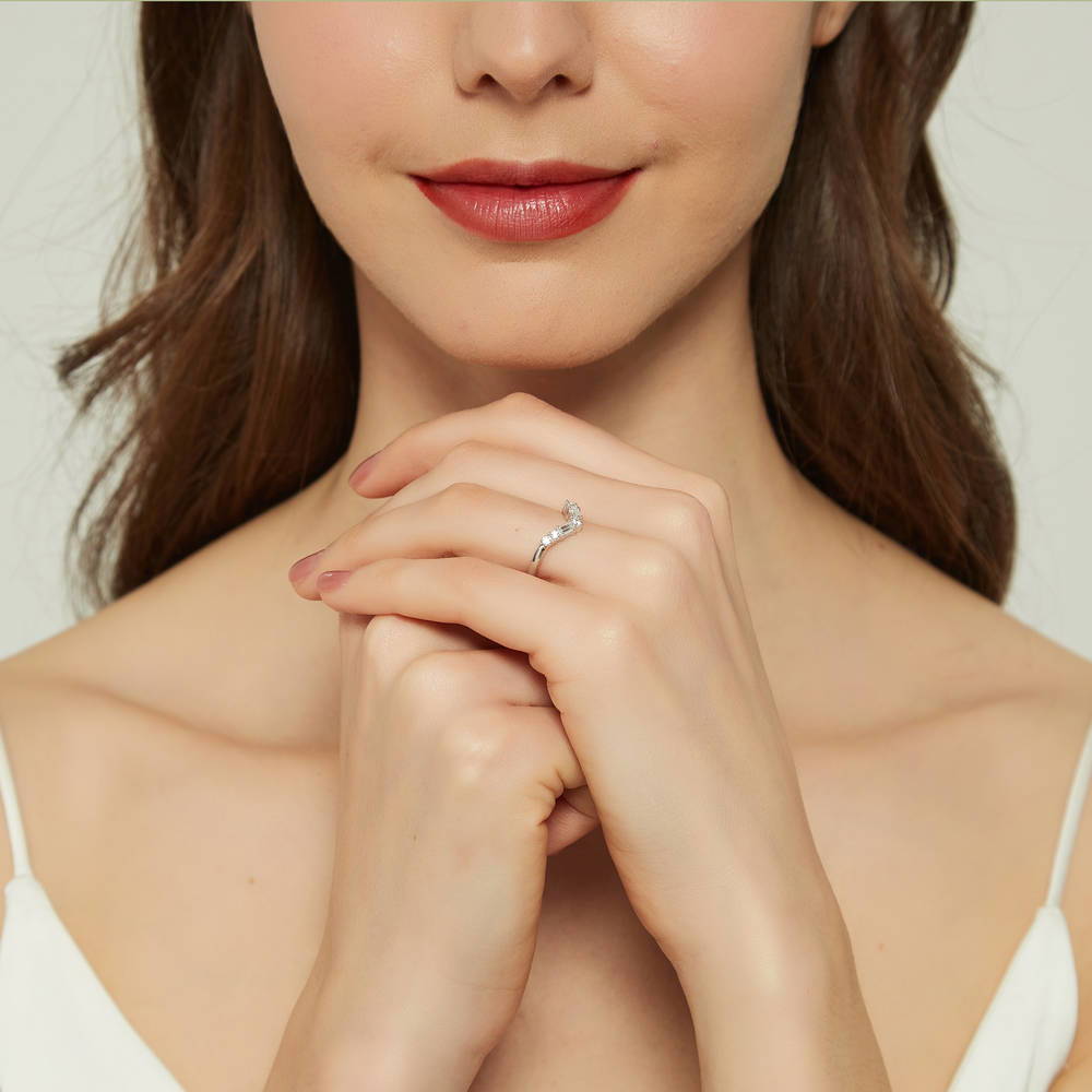 Model wearing 3-Stone 7-Stone Emerald Cut CZ Ring Set in Sterling Silver, 17 of 18