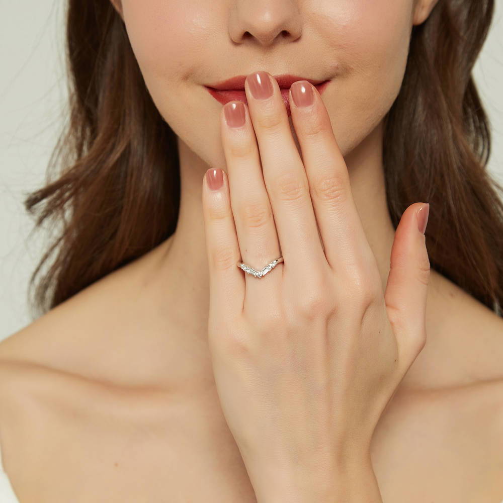 Model wearing 3-Stone 7-Stone Emerald Cut CZ Ring Set in Sterling Silver, 15 of 18