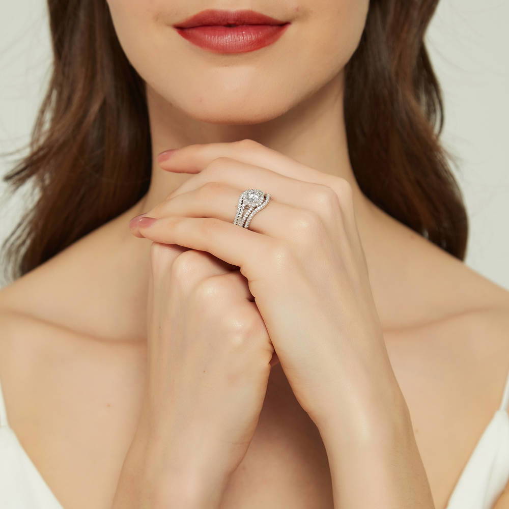 Halo Wishbone CZ Split Shank Ring Set in Sterling Silver