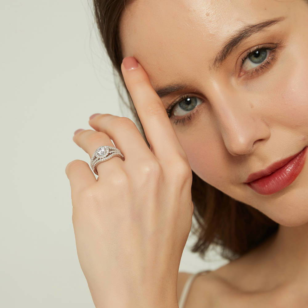 Model wearing Halo Wishbone CZ Split Shank Ring Set in Sterling Silver, 4 of 19