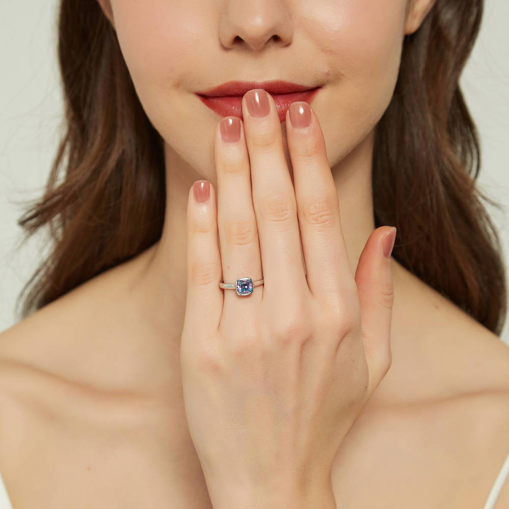 Model wearing Solitaire Bezel Set Cushion CZ Ring in Sterling Silver 1.25ct, 2 of 9