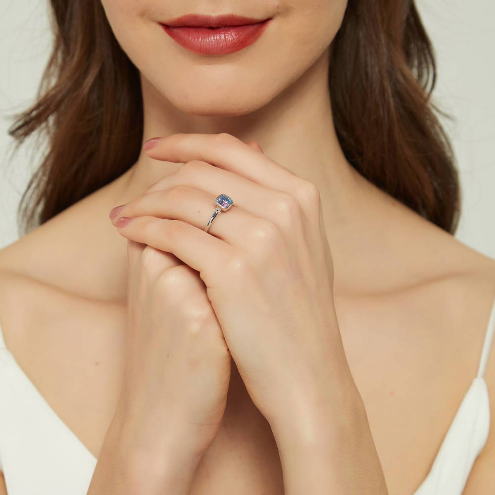 Model wearing Solitaire Bezel Set Cushion CZ Ring in Sterling Silver 1.25ct, 6 of 9