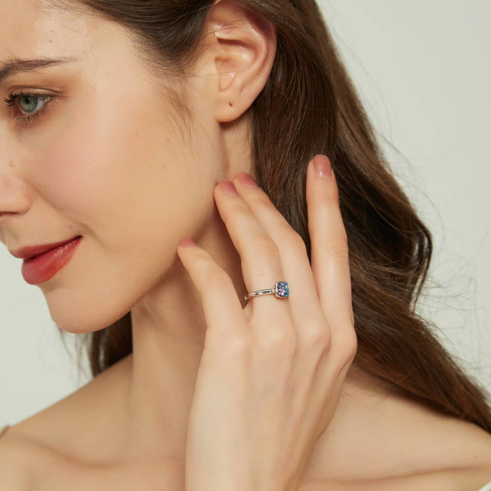 Model wearing Solitaire Kaleidoscope Purple Aqua CZ Ring in Sterling Silver, 3 of 9