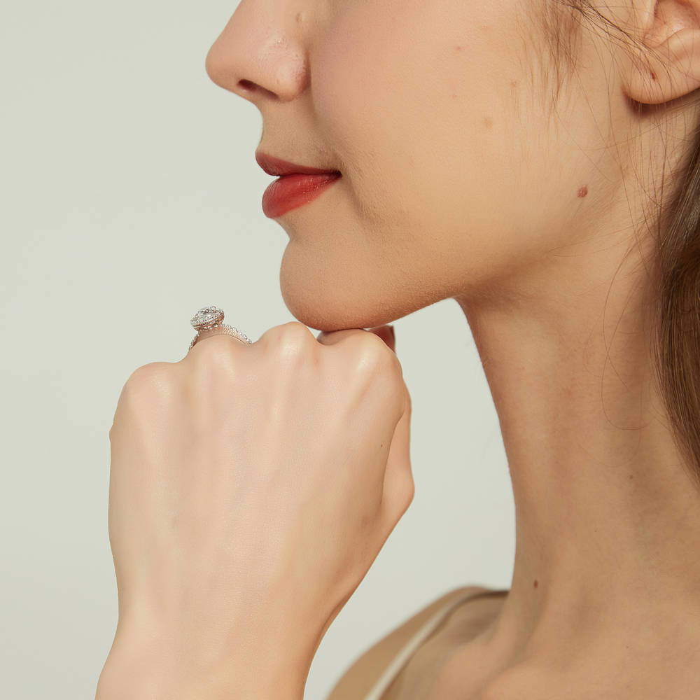 Model wearing Halo CZ Ring in Sterling Silver, 7 of 9