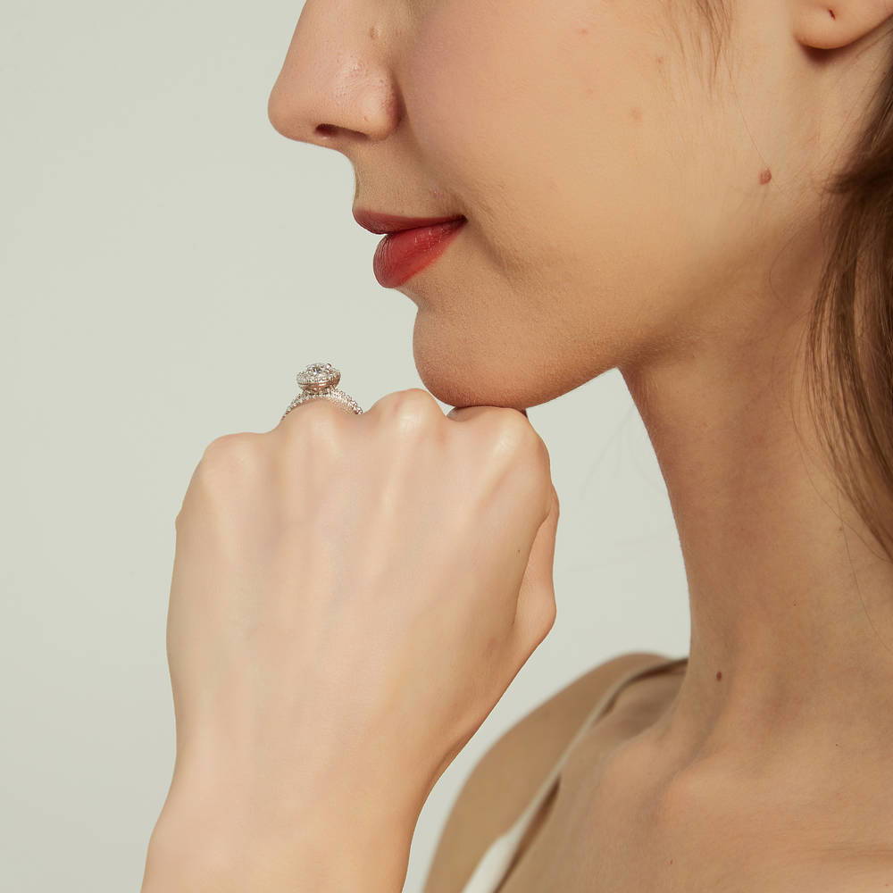 Model wearing Halo CZ Ring in Sterling Silver, 16 of 17