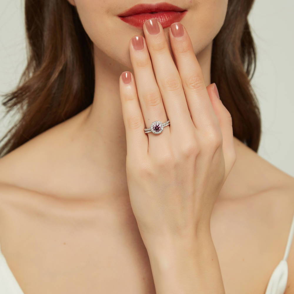 Model wearing Halo Purple CZ Ring in Sterling Silver, 9 of 17