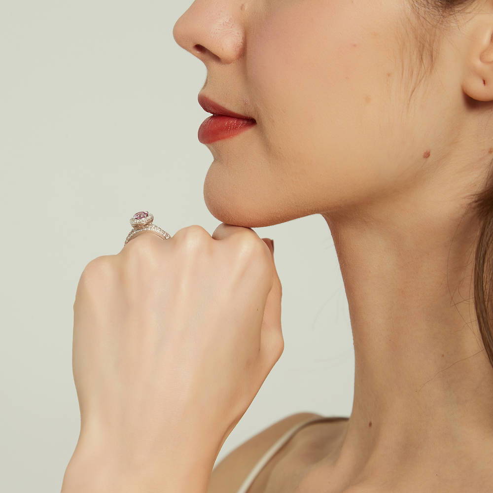 Model wearing Halo Purple CZ Ring in Sterling Silver, 16 of 17