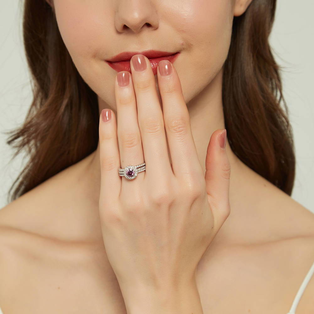 Model wearing Halo Purple CZ Ring in Sterling Silver, 13 of 17