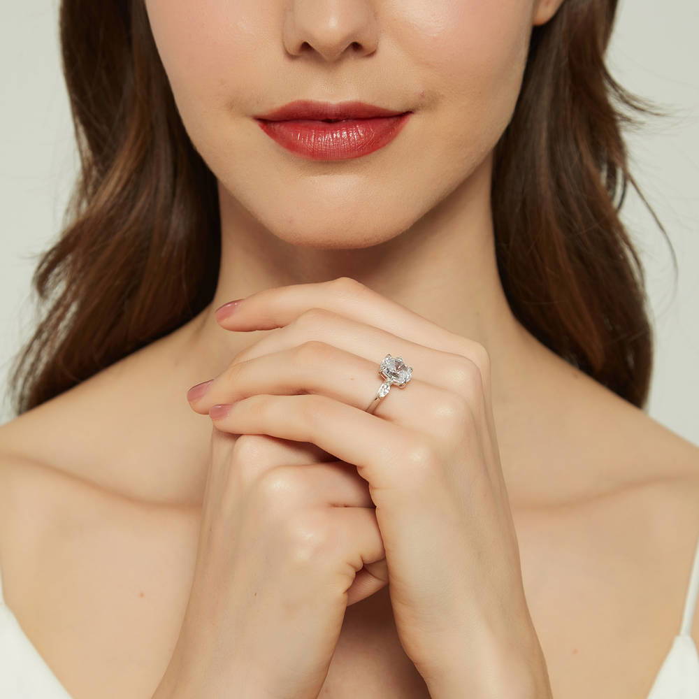 Model wearing 3-Stone 2.5ct Oval CZ Ring in Sterling Silver, 6 of 9