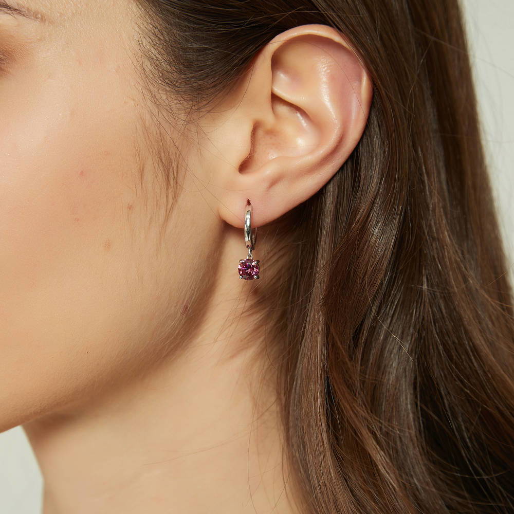 Model wearing Solitaire Round CZ Dangle Earrings in Sterling Silver 1.6ct, 3 of 10