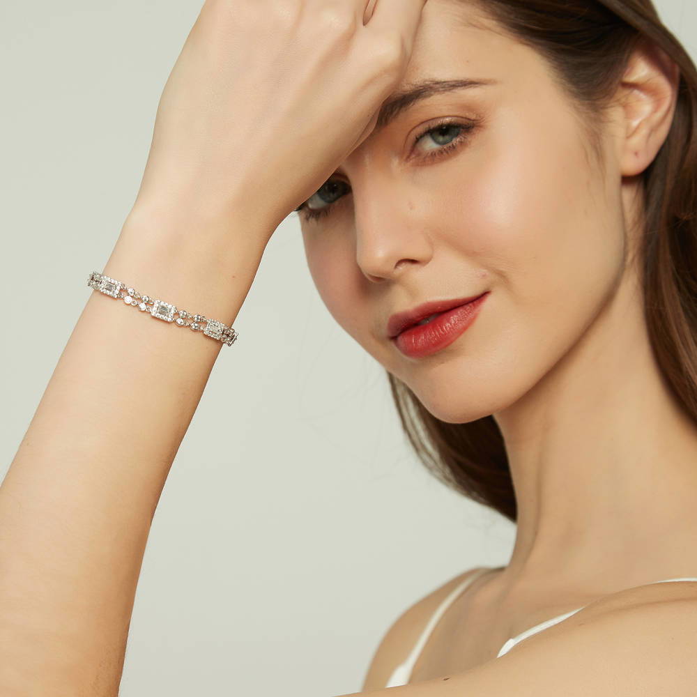 Model wearing Art Deco CZ Chain Bracelet in Sterling Silver, 8 of 11
