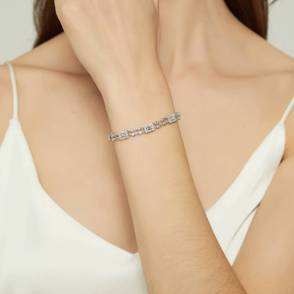 Model wearing Art Deco CZ Chain Bracelet in Sterling Silver, 6 of 13