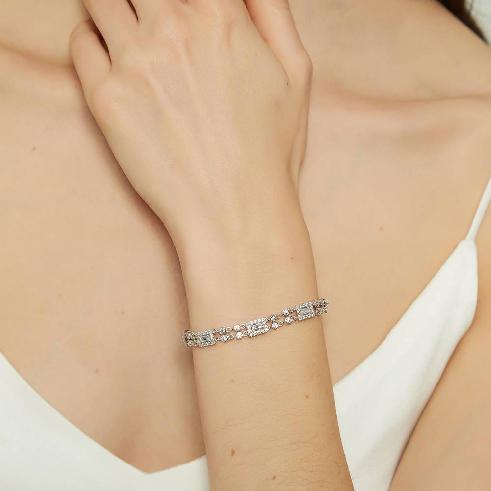Model wearing Art Deco CZ Chain Bracelet in Sterling Silver, 4 of 13