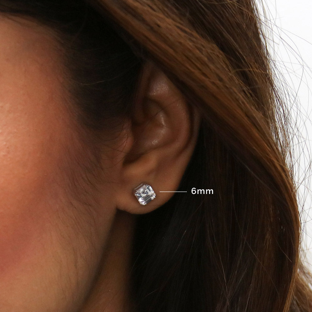 Model wearing Solitaire Asscher CZ Necklace and Earrings Set in Sterling Silver, 9 of 15