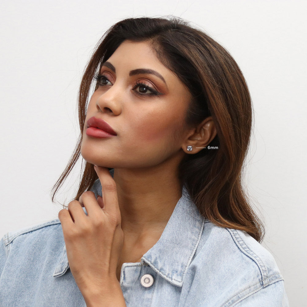 Model wearing Solitaire Asscher CZ Set in Sterling Silver, 7 of 16