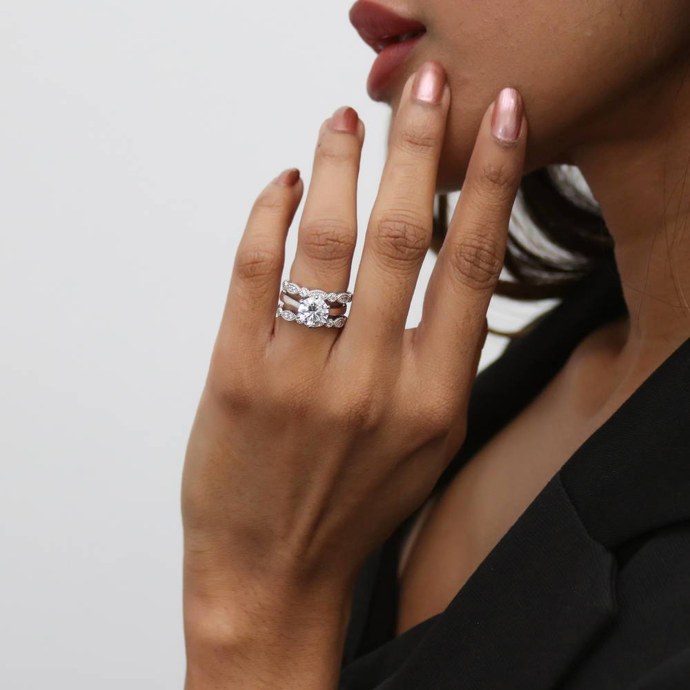 Model wearing Solitaire Milgrain Art Deco 2ct CZ Ring Set in Sterling Silver, 11 of 20
