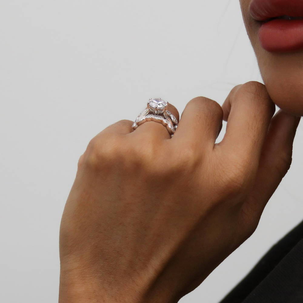 Model wearing Solitaire Milgrain Art Deco 2ct CZ Ring Set in Sterling Silver, 6 of 20