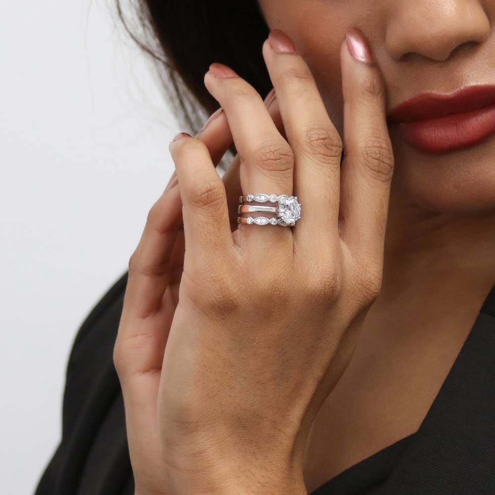 Model wearing Solitaire Milgrain Art Deco 2ct CZ Ring Set in Sterling Silver, 2 of 20