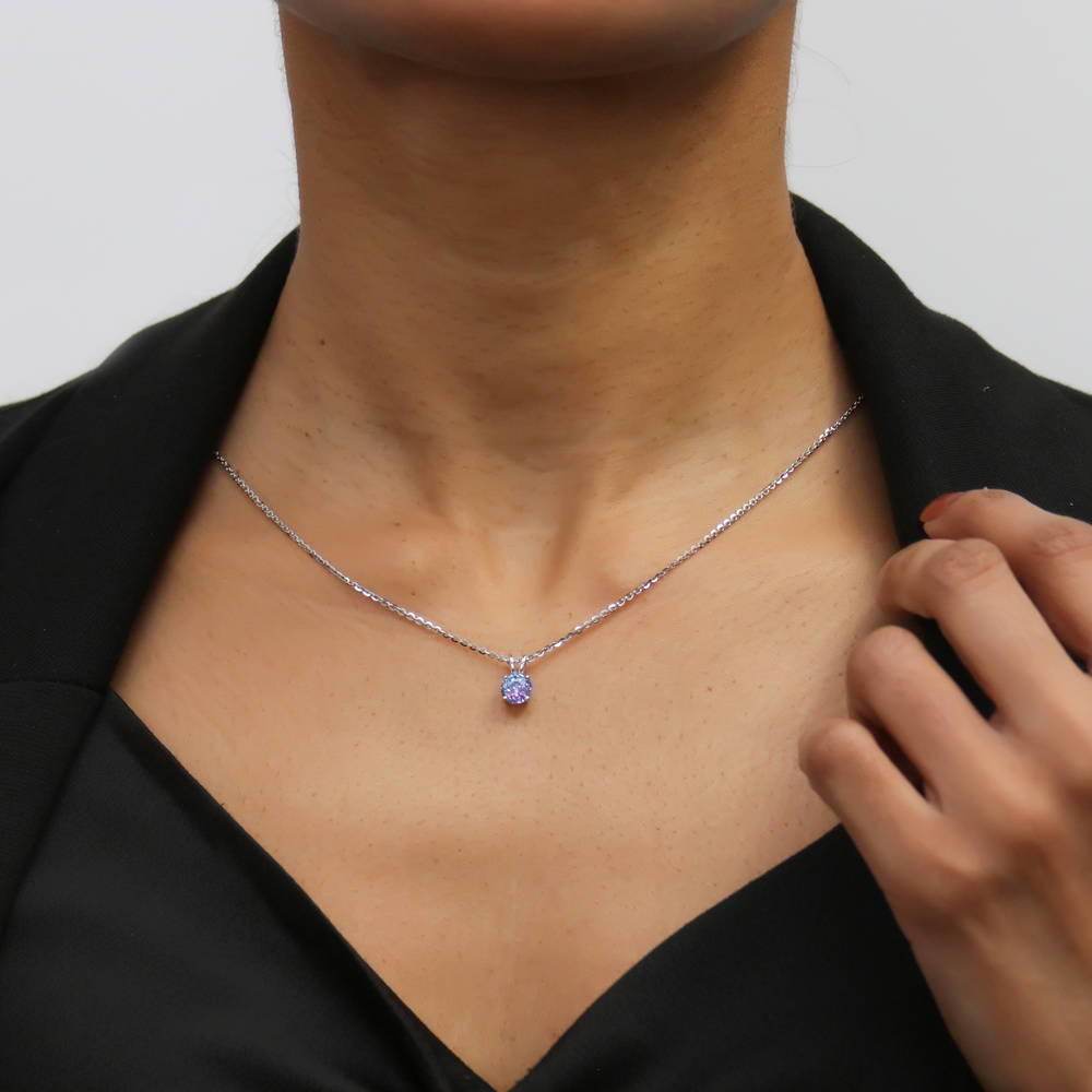 Model wearing Kaleidoscope Solitaire CZ Pendant Necklace in Sterling Silver, 9 of 19