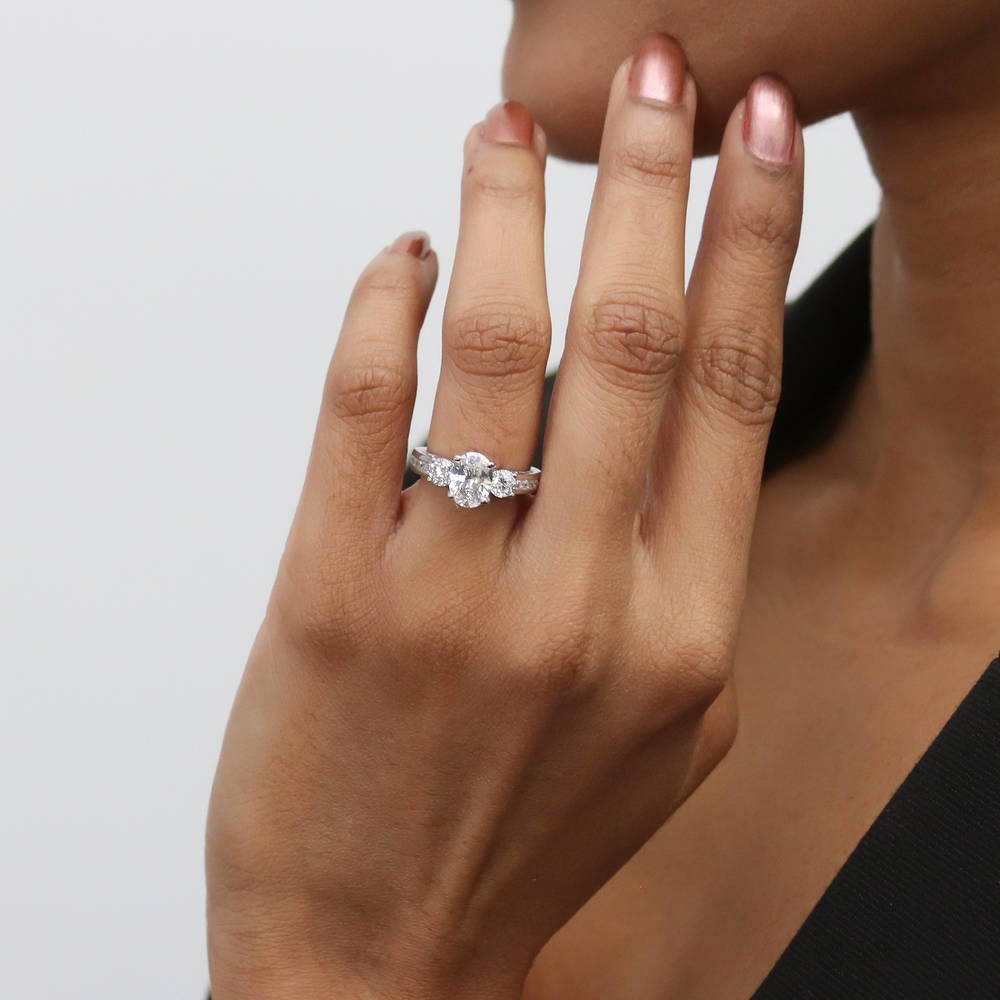 Model wearing 3-Stone 1.2ct Oval CZ Ring in Sterling Silver, 9 of 10