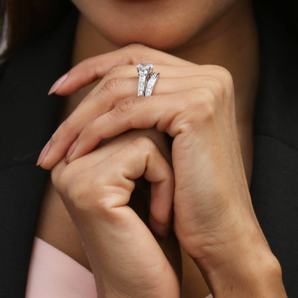 Model wearing 3-Stone 1.2ct Oval CZ Ring Set in Sterling Silver, 7 of 19