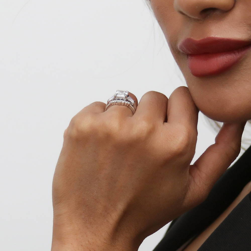 Model wearing 3-Stone 7-Stone Emerald Cut CZ Ring Set in Sterling Silver, 5 of 18