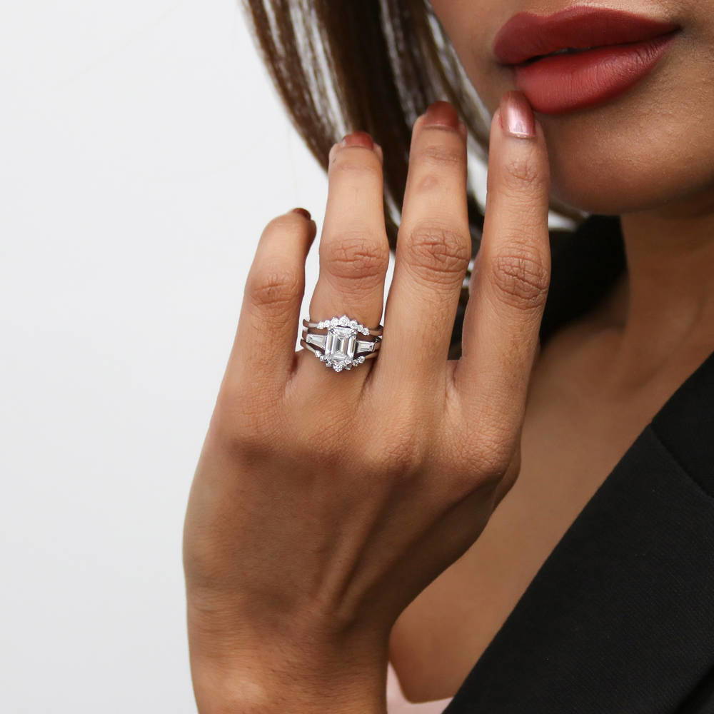 Model wearing 3-Stone 7-Stone Emerald Cut CZ Ring Set in Sterling Silver, 9 of 18