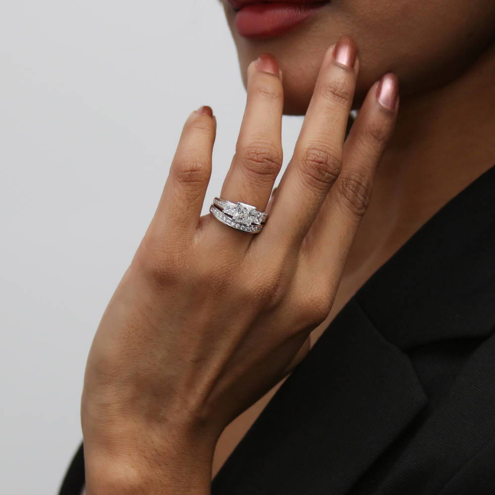 Model wearing 3-Stone Princess CZ Ring Set in Sterling Silver, 9 of 18