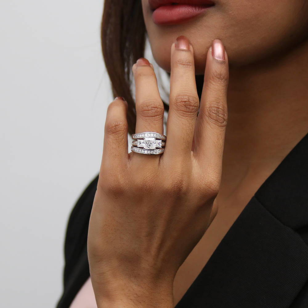 Model wearing 3-Stone 1.6ct Princess CZ Ring Set in Sterling Silver, 12 of 20