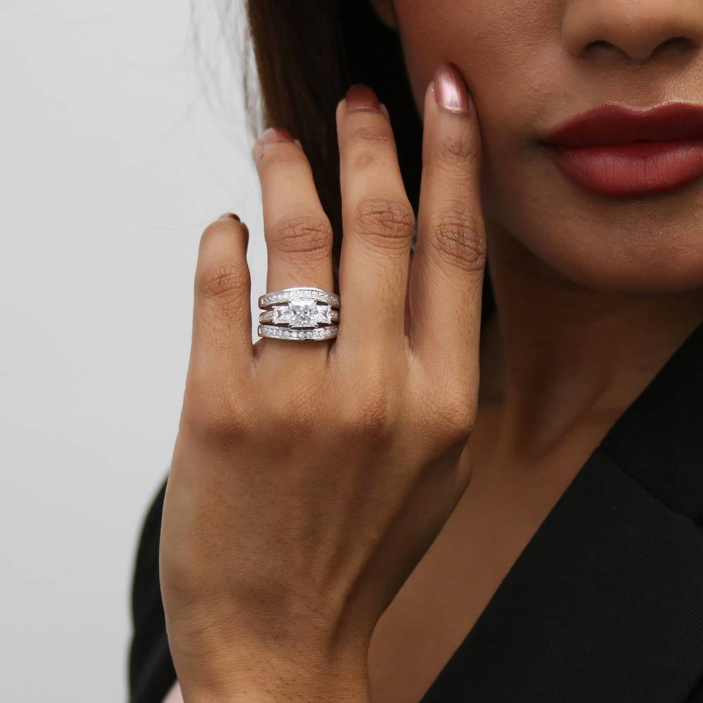 Model wearing 3-Stone 1.6ct Princess CZ Ring Set in Sterling Silver, 11 of 20