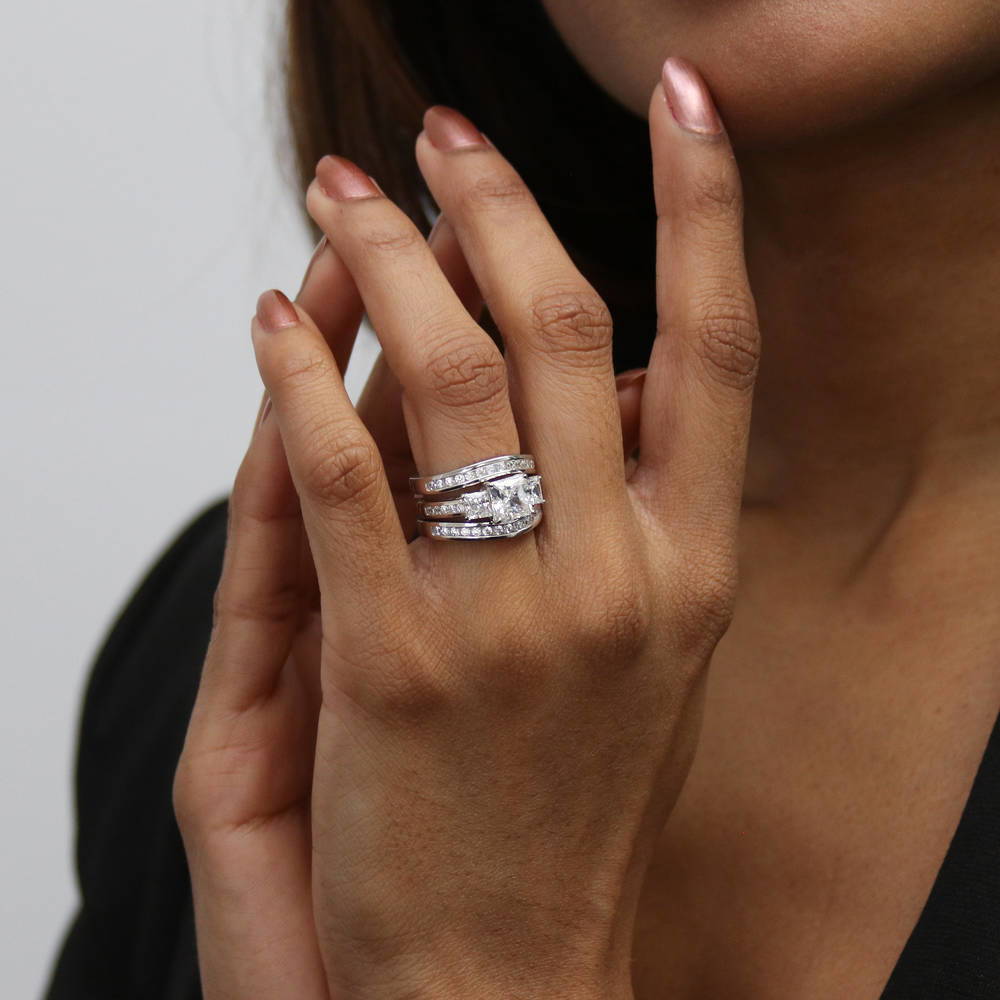 Model wearing 3-Stone 1.6ct Princess CZ Ring Set in Sterling Silver, 2 of 20
