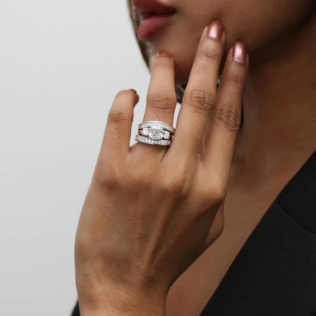 Model Wearing 3-Stone Ring, Curved Half Eternity Ring