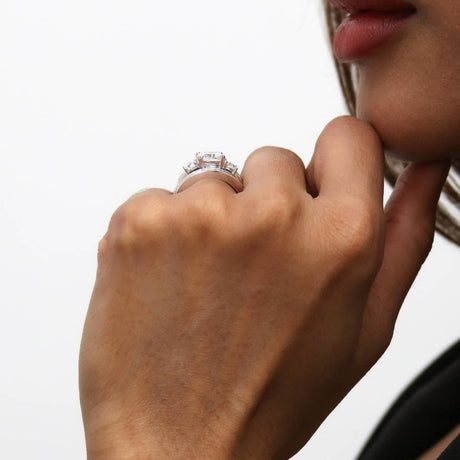 Model Wearing 3-Stone Ring, Curved Half Eternity Ring