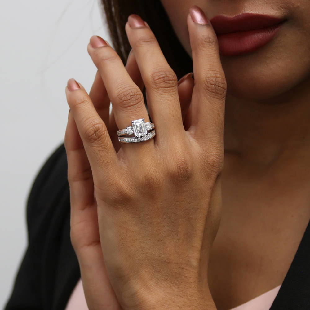 3-Stone 2.1ct Emerald Cut CZ Ring Set in Sterling Silver