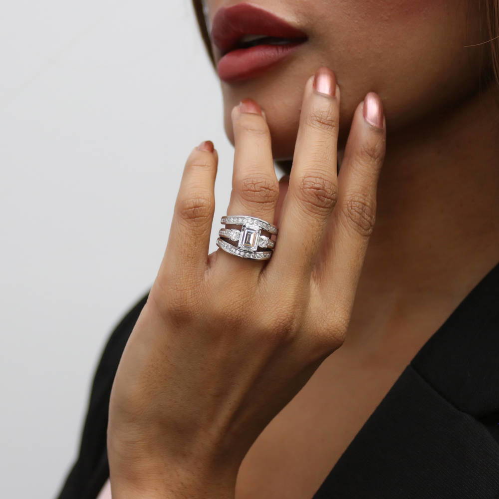 Model wearing 3-Stone 2.1ct Emerald Cut CZ Ring Set in Sterling Silver, 2 of 19
