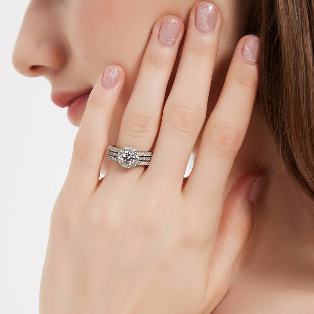 Model wearing Halo Round CZ Insert Ring Set in Sterling Silver