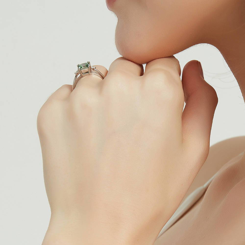 Model wearing 3-Stone 1.2ct Green Princess CZ Ring in Sterling Silver, 7 of 9
