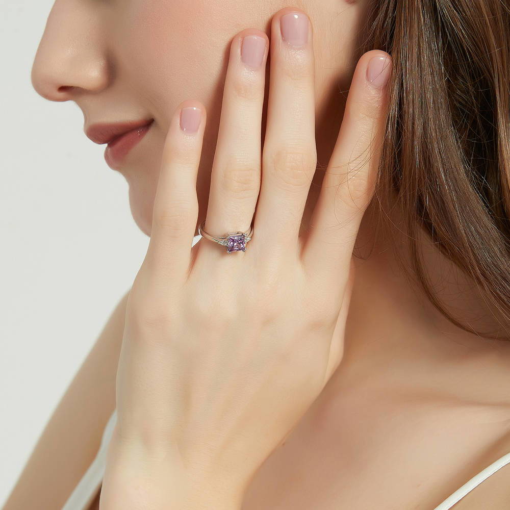 Model wearing 3-Stone 1.2ct Purple Princess CZ Ring in Sterling Silver, 3 of 9
