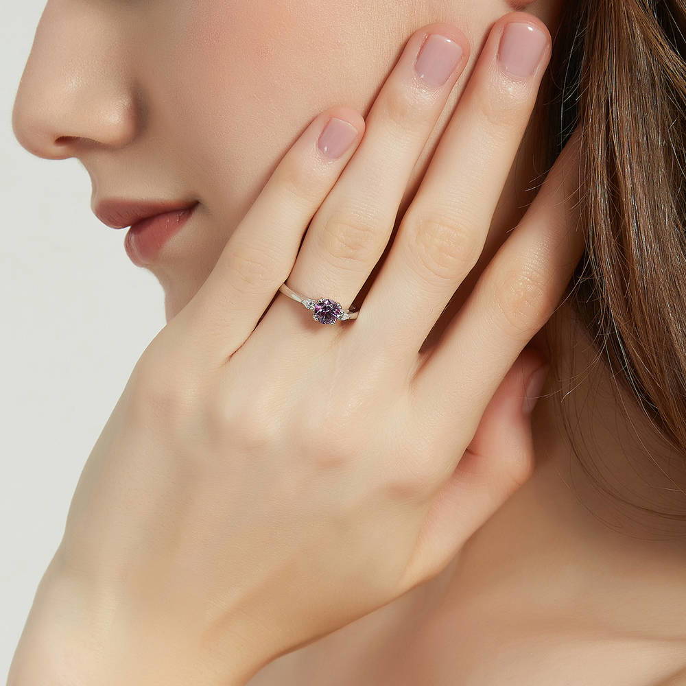 Model wearing 3-Stone 0.8ct Purple CZ Ring in Sterling Silver, 2 of 9