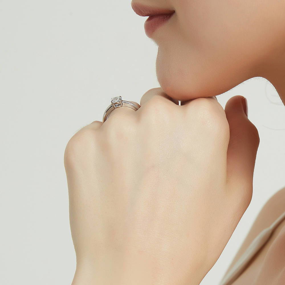 Model wearing Solitaire Cable 0.8ct Round CZ Ring in Sterling Silver, 7 of 9