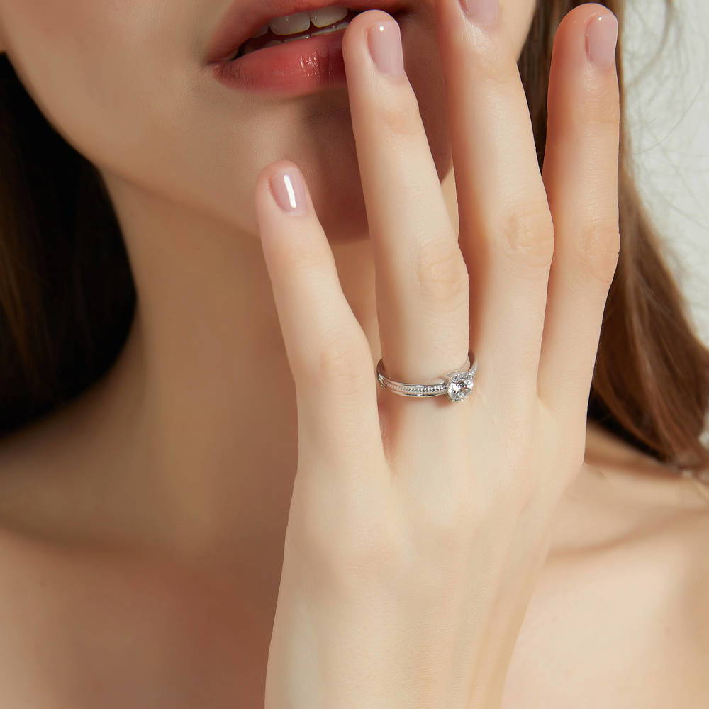 Model wearing Solitaire Cable 0.8ct Round CZ Ring in Sterling Silver, 6 of 9