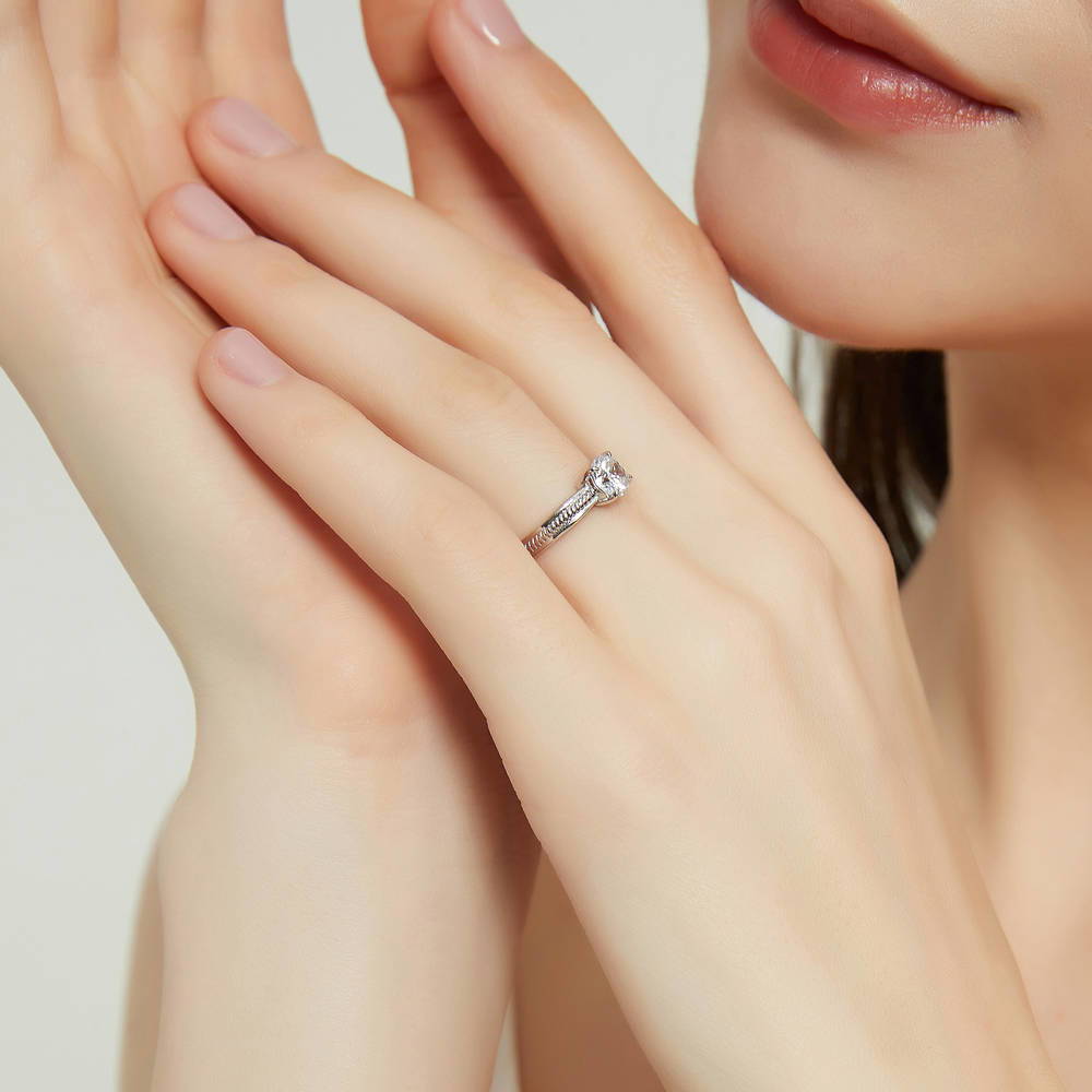 Model wearing Solitaire Cable 0.8ct CZ Ring in Sterling Silver, 3 of 9