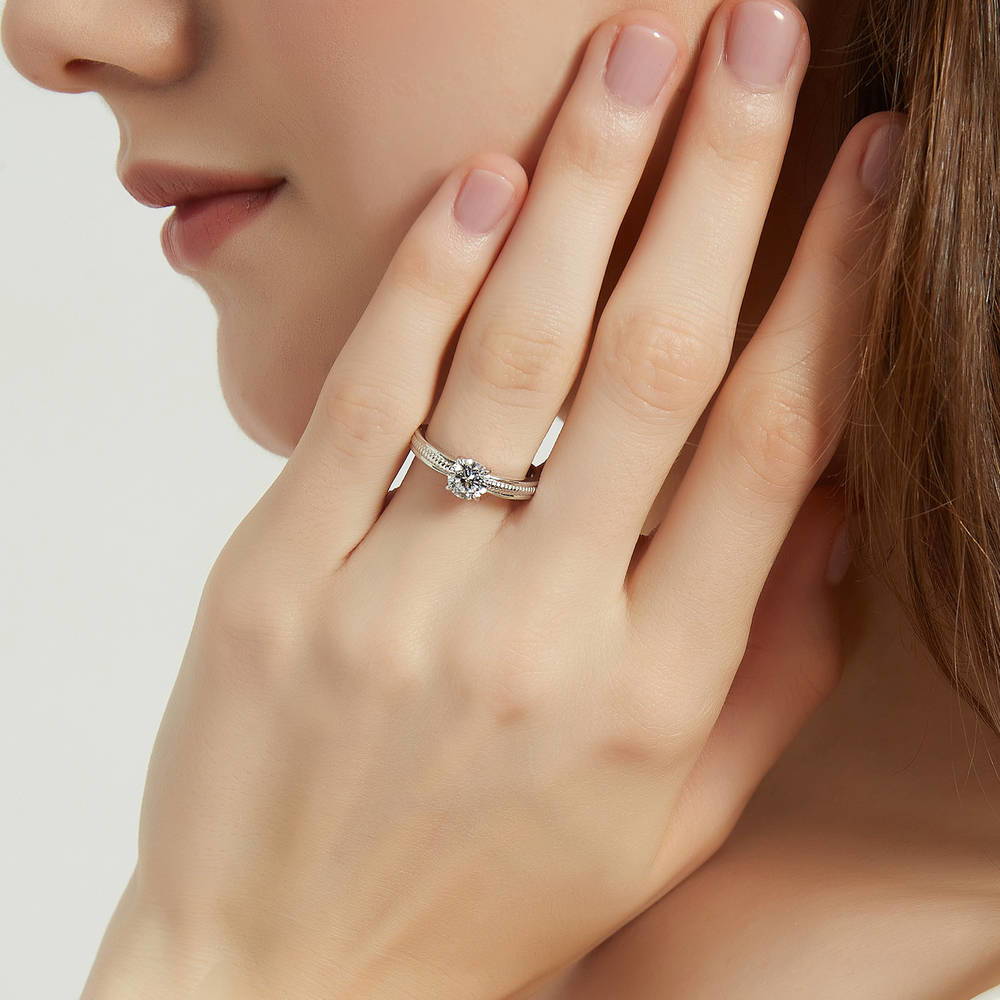 Model wearing Solitaire Cable 0.8ct Round CZ Ring in Sterling Silver, 2 of 9