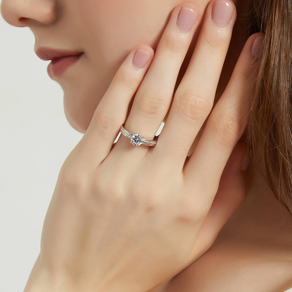 Model wearing Solitaire Cable 0.8ct CZ Ring in Sterling Silver, 2 of 9