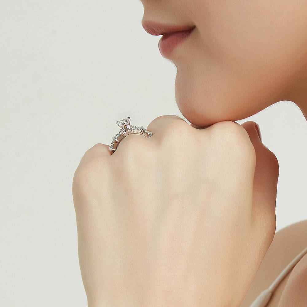 Model wearing Solitaire Heart 0.7ct CZ Ring in Sterling Silver, 7 of 9