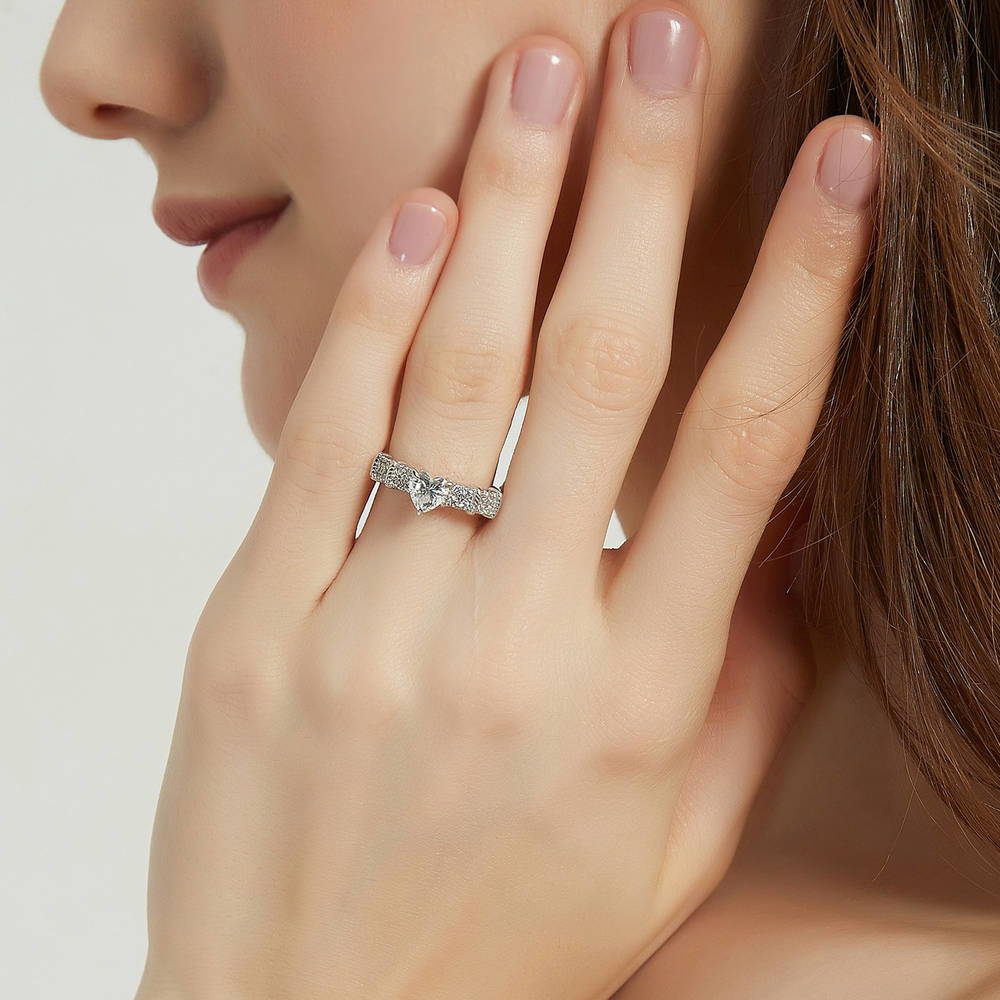 Model wearing Solitaire Heart 0.7ct CZ Ring in Sterling Silver, 2 of 9
