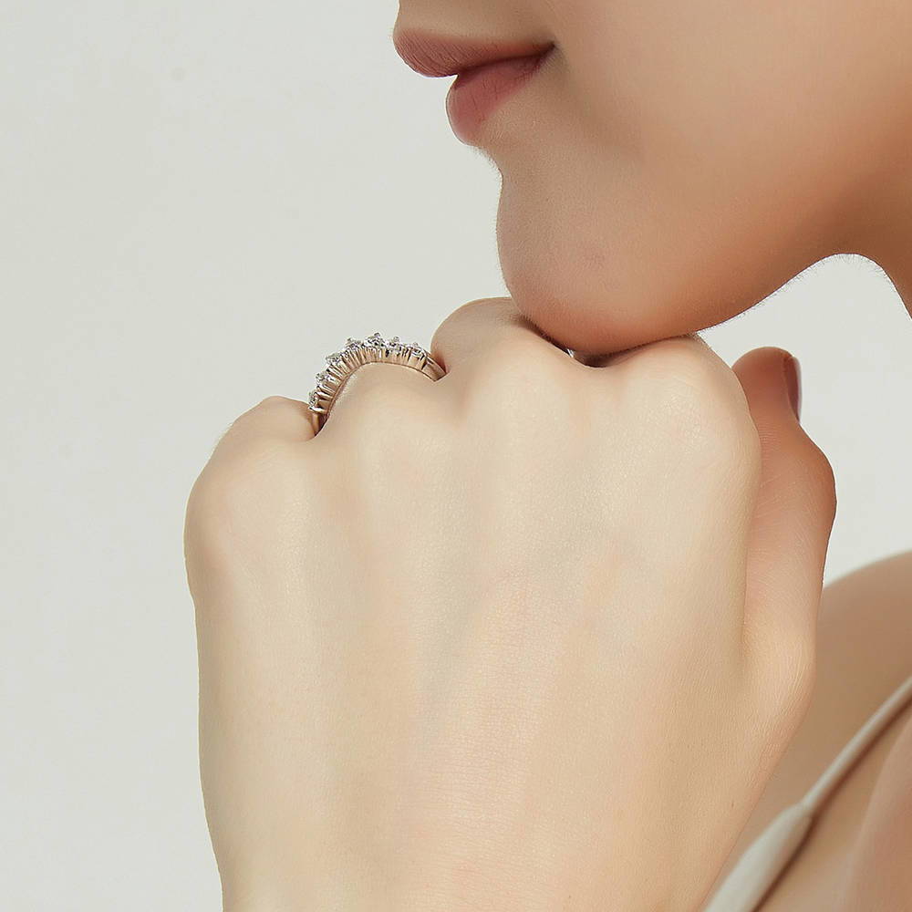 Model wearing 7-Stone Wishbone CZ Curved Half Eternity Ring in Sterling Silver, 8 of 9